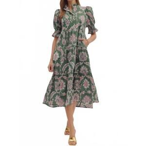 NEW ENTRO floral puff sleeve midi dress in olive